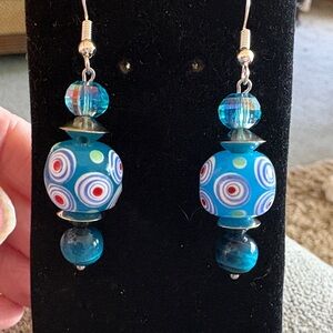 Hand Crafted Blue and Red Glass and AB Crystal Drop Earrings